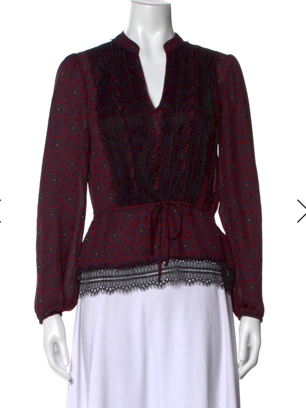 Veronica Beard Silk Burgundy and Black Lace-Trim Printed Blouse